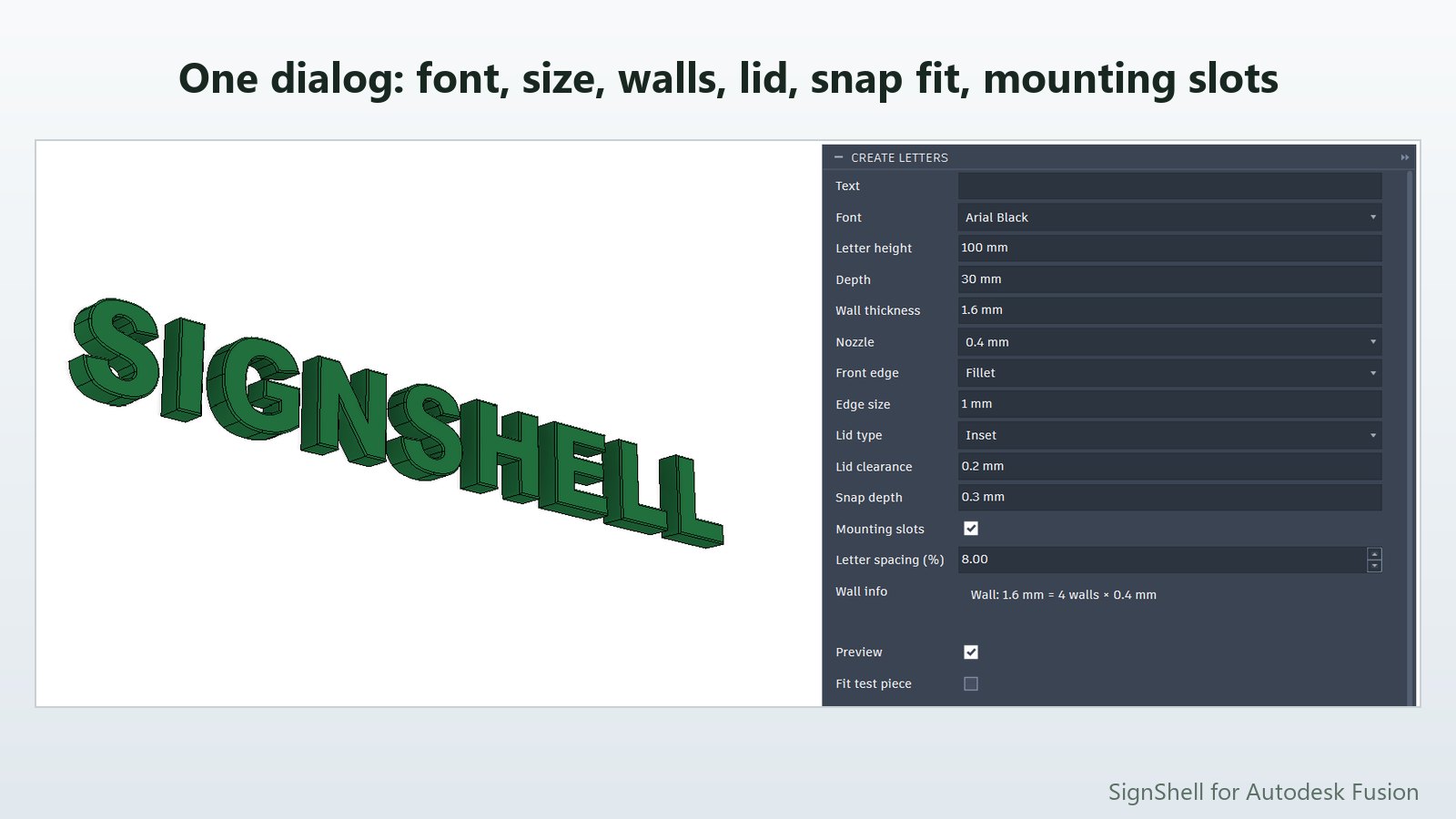 The Create Letters dialog in Fusion next to a sign