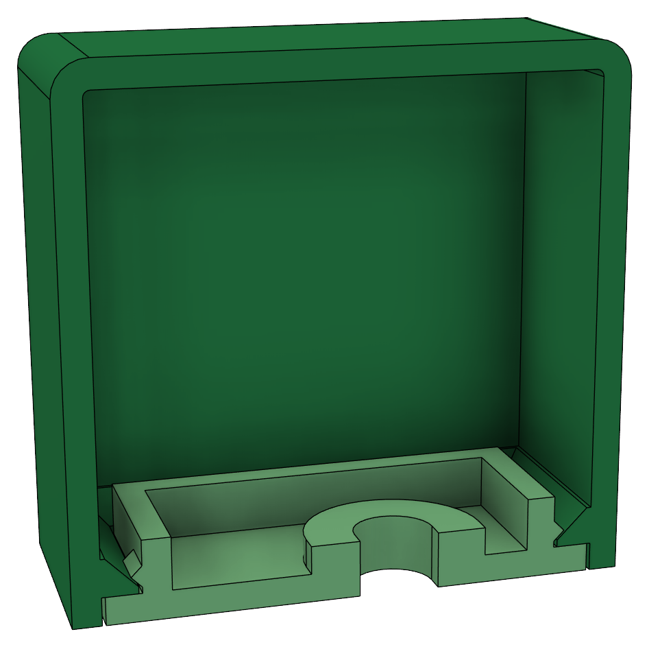 Cross-section of a letter showing walls, ledge, lid, rib and a screw boss