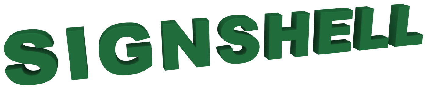 The word SIGNSHELL as dark green 3D letters made with SignShell